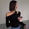 Fashion Black Sexy Skew Collar Base Slim Fit T-shirt for Women Spring and Autumn Long Sleeve Off Shoulder T-shirts Casual Solid Elegant Tee Tops 26444