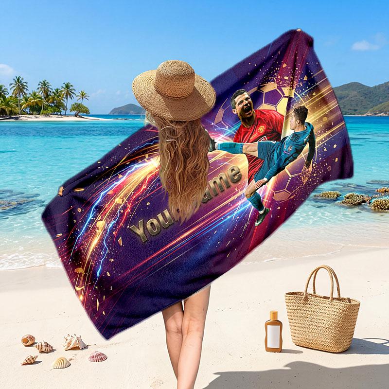 Cristiano Ronaldo Custom Beach Towel, Personalized Name Text Print, Football Logo Soft Quick‑Dry Towel Holiday Gift