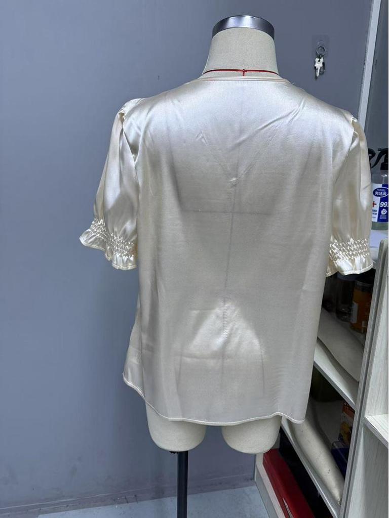 New Satin V-neck Button-up Ruffle Blouse - Spring/Summer Casual Short Sleeve French Style