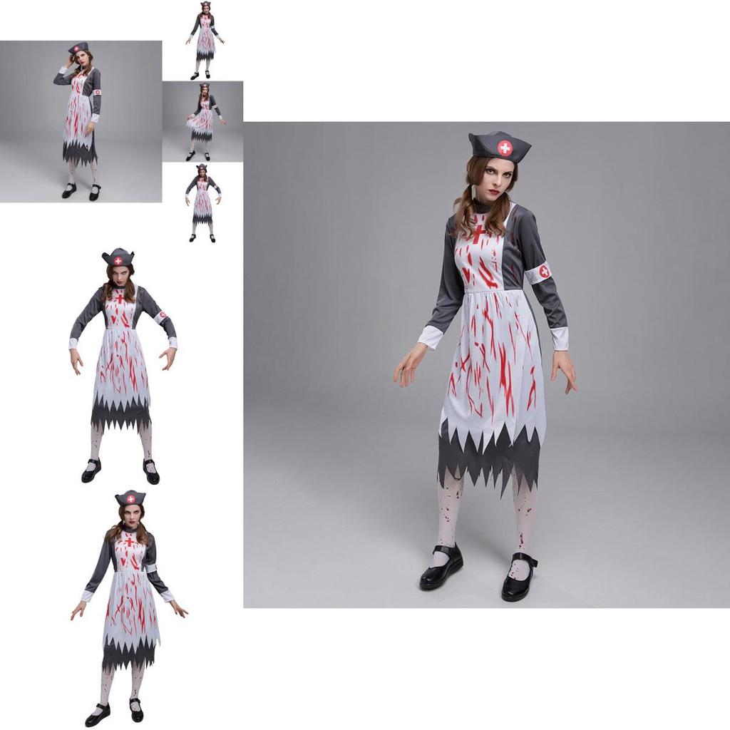 Spooky Adult Zombie Nurse Outfit With Gorgeous Dress And Hat For Halloween Parties