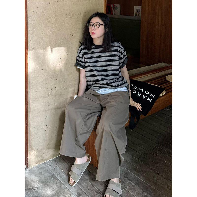 

2026 Super Trendy Summer Outfit Lazy Style Relaxed Vibe Japanese Striped Short-Sleeve T-Shirt Wide-Leg Pants Casual Set for Women Striped T-Shirt L