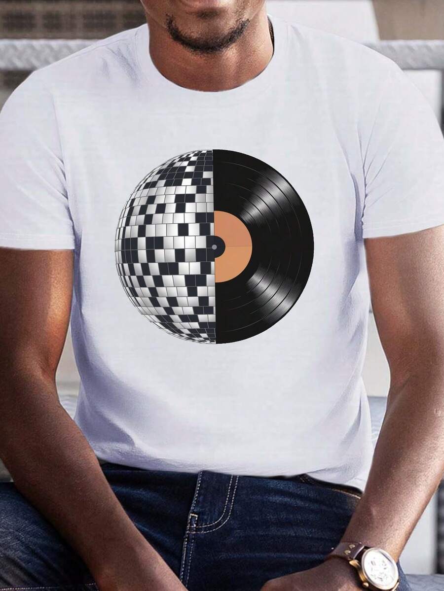 

Disco Ball And Vinyl RecoYANG Printed Unisex s Versatile Casual Short-Sleeved T-Shirt XL