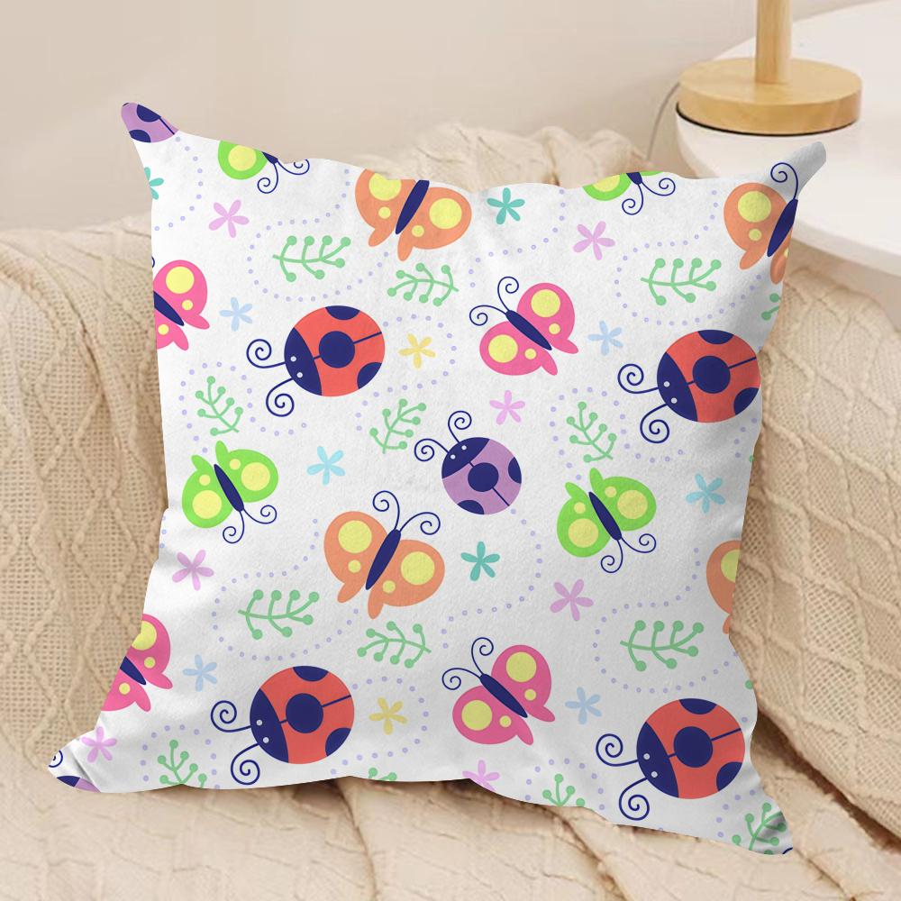 Cute Ladybug Wildflower Pattern Cushion Cover Silky Short Plush Invisible Zipper Dustproof Sofa Pillow Case for Home Decor