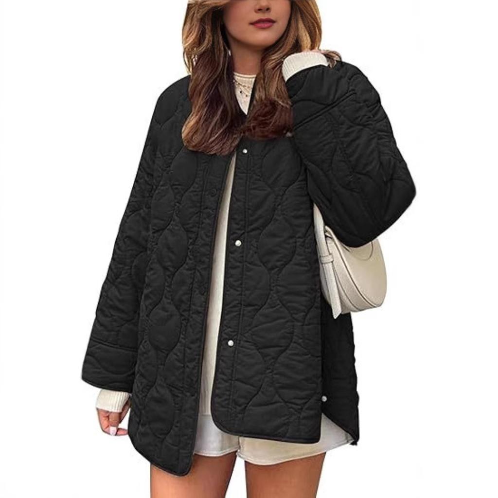 2025 Autumn Winter New European American Style Quilted Simple Solid Color Round Neck Loose Cotton Coat Outerwear