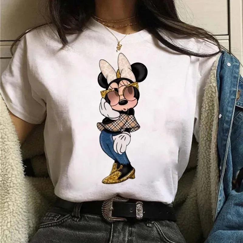 Cute T-Shirt Cartoon Tees Mickey Mouse Leopard Print Minnie Print White Short Sleeves Round Neck Tops Y2k Unisex
