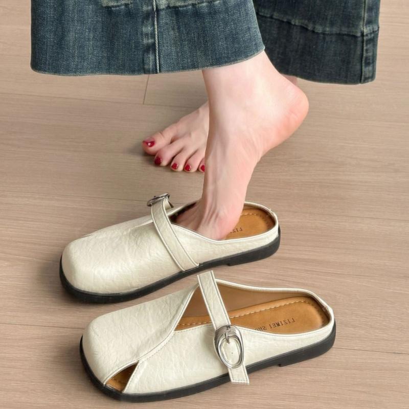 2025 New Style Soft Leather Buckle Strap Casual Shoes Fashion Flats Elegant Glitter Metallic Mules Shoes Cover Toe Women Slipper