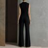 Women's Sleeveless Wide Leg Jumpsuit with Lapel Collar and Front Zipper Pockets