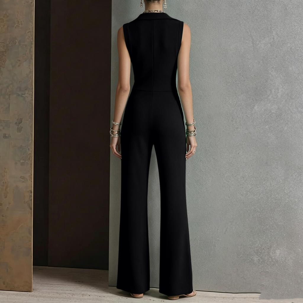 Women's Sleeveless Wide Leg Jumpsuit with Lapel Collar and Front Zipper Pockets