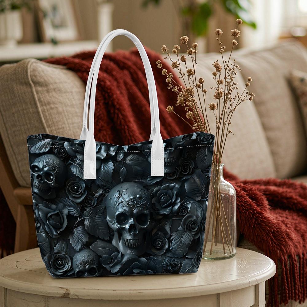 Gothic Skull Rose Shoulder Tote Bag Fashion Trendy Dark Style Daily Carry Handbag For Women