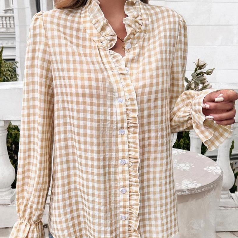 Women's Winter Tops Women's French Plaid Ruffle Button Blouse