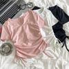 V-neck Solid Color Drawstring Pleated Waist Cinched Spicy Girl Shoulder T-shirt On Both Sides Tops