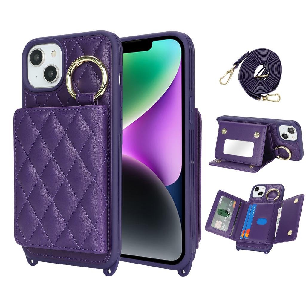 For iPhone 14/13 Case with Lanyard/Mirror/Card Holder Grids Pattern RFID Blocking Phone Cover