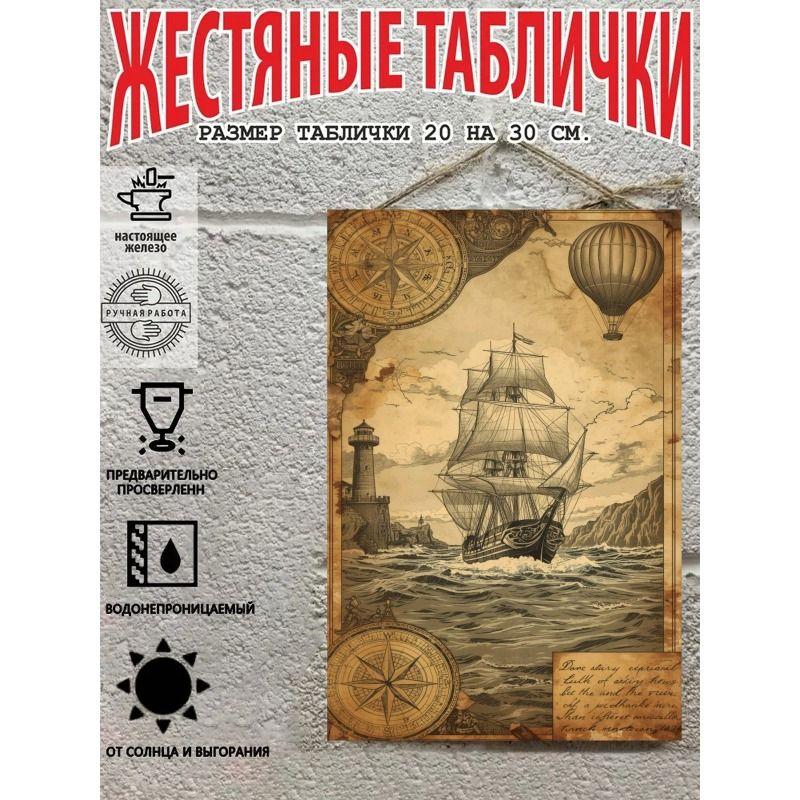 Vintage Sailing Ship Nautical Map Metal Wall Art Decor 20x30cm