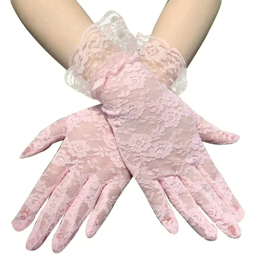 

Women s Fishnet Lace Gloves Black White, Summer UV Proof Full Finger Ruffle Mittens рожевий