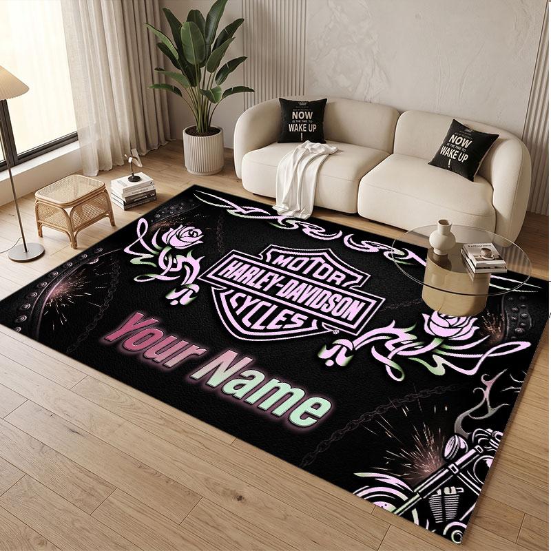 Tappeto Personalizzato Stampa Motivo Harley-Davidson Nome Testo Morbido Antiscivolo Tappeto per Pavimento per Decorazione Interna della Casa