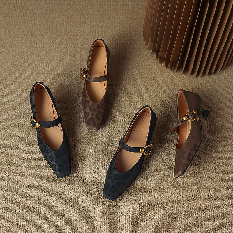 Krazing Pot Sheep Skin Summer Spring Autumn Stiletto Med Heels Leopard Women Square Toe Metal Decoration Shallow Pumps