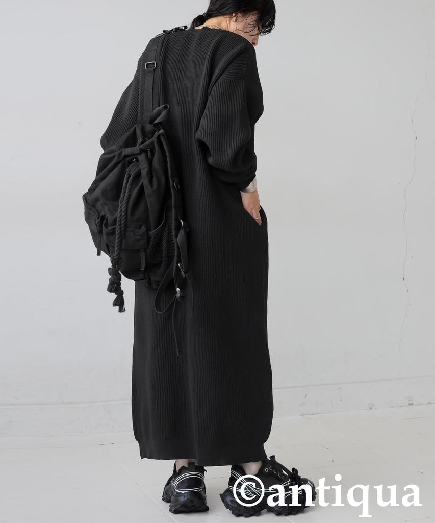 Antiqua Long Rib Knit One Size Black Women's V-Neck Dress, PN-00587, 05,