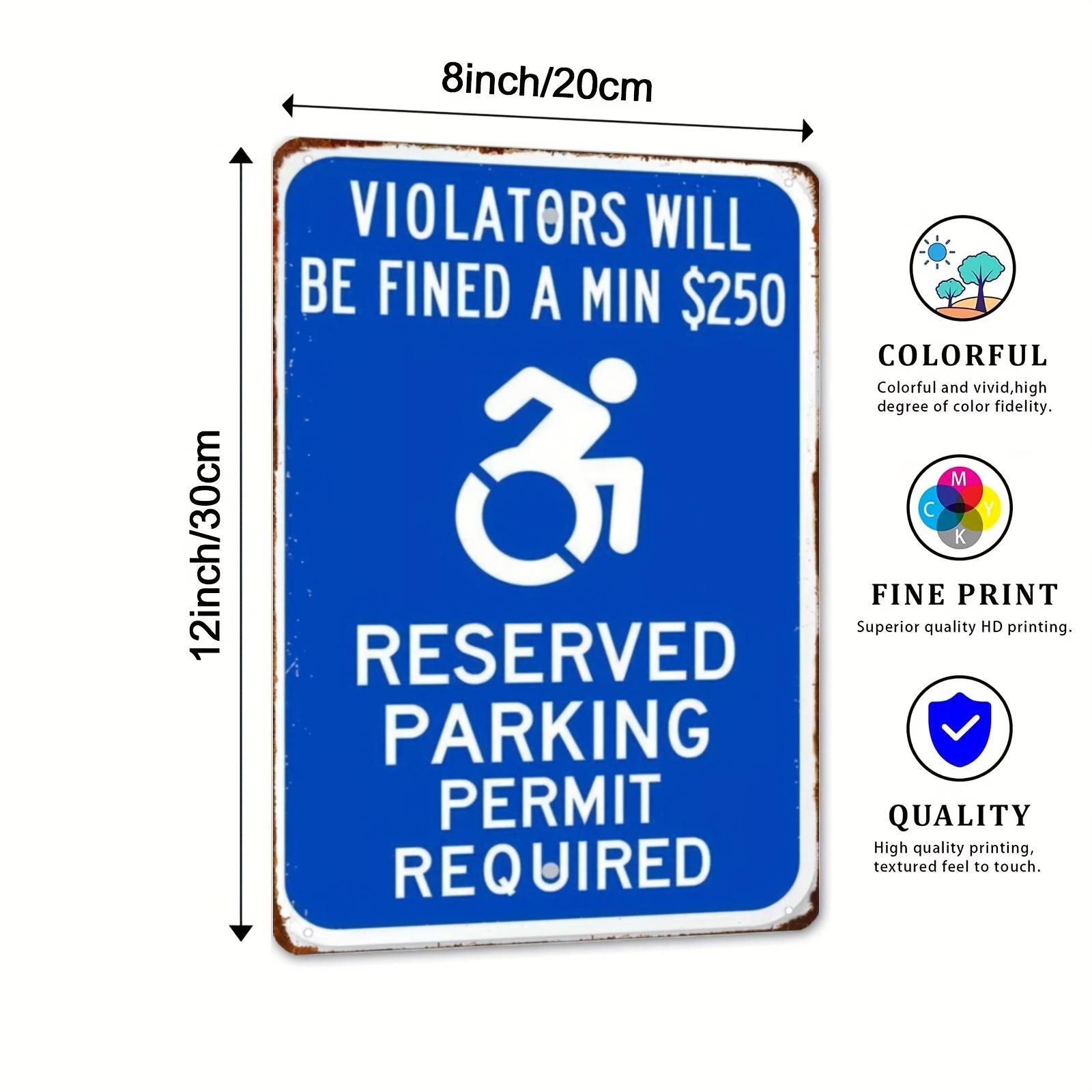 2D Flat - ADA Violators Will Be Fined a Min of $250, Reserved Parking Metal Sign, 8x12 Inch Waterproof Iron Wall Art Decoration 20x30cm(7.8x11.8inch)
