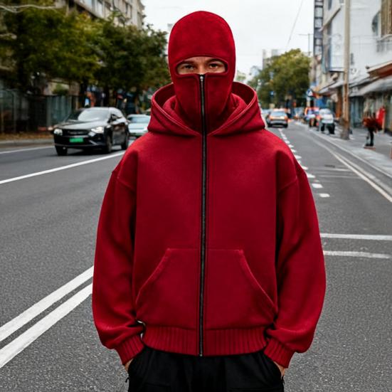 Men Balaclava Hoodie Zip-up Jacket with Mask Hooded Sweatshirt Wind Resistant Athletic Coat with Large Pockets for Outdoor