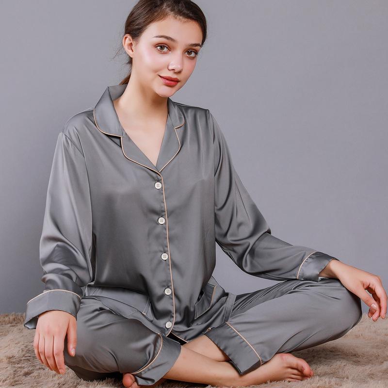 2024 Couple's Long Sleeve Pajama Set - Men's and Women's Imitation Silk for Spring and Autumn.