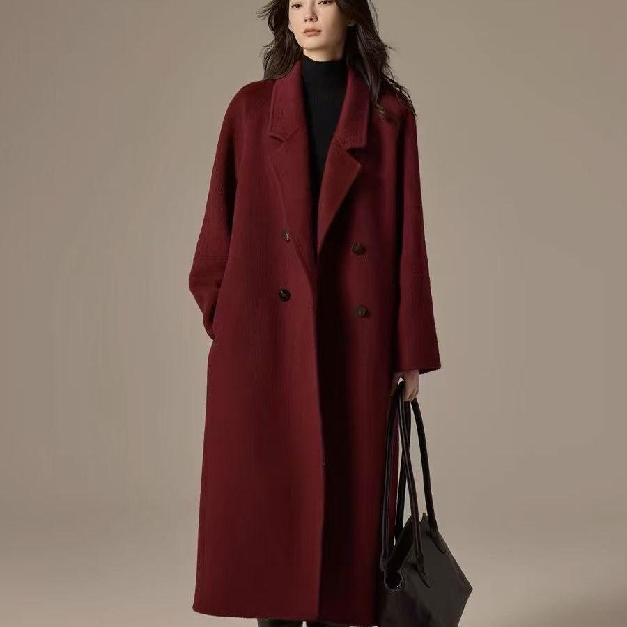 Cappotto di Lana con Colletto da Abito da Donna Autunno e Inverno Nuovo Temperamento Doppio Petto Lungo al Ginocchio Cappotto di Lana