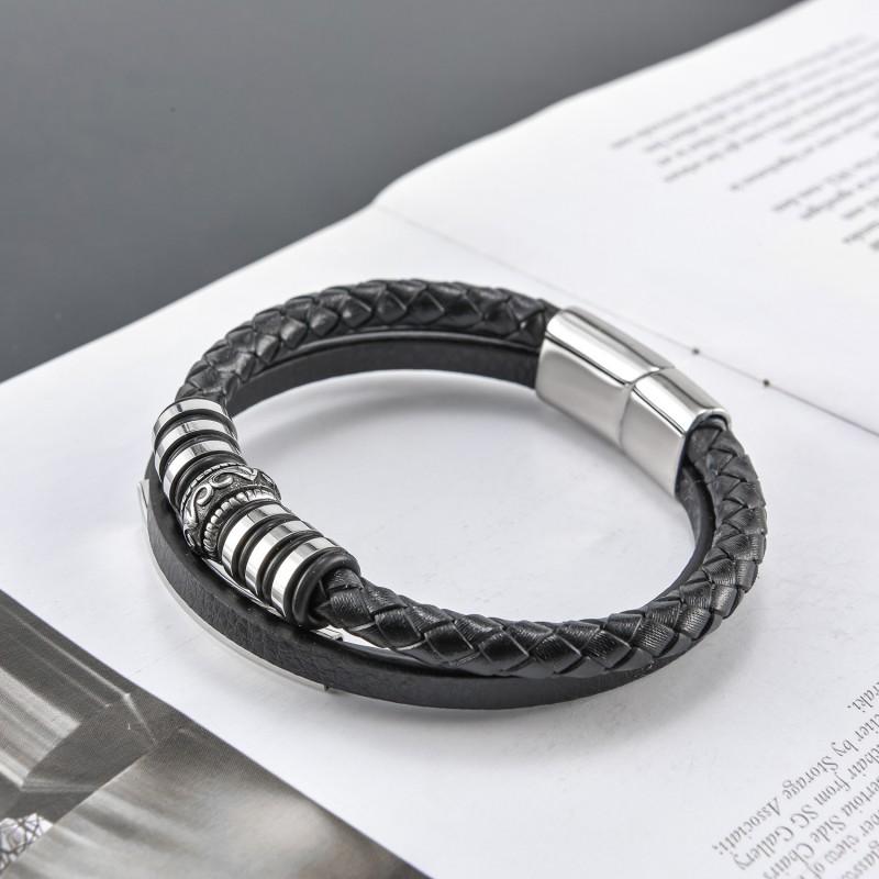 Mens Geometric Stainless Steel Pendant Leather Braided Bracelet Adjustable Wristband Cycling Outdoor Adventure