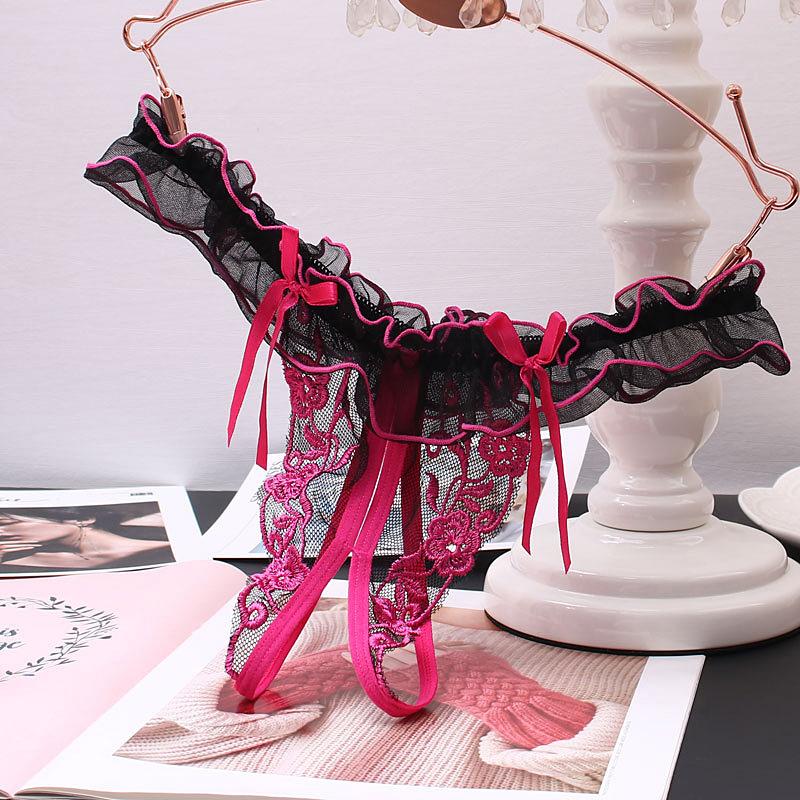 Sexy Women Underwear Panties Female Massage Pearl G-stings  Lace Lingerie Hollow Thong Embroidery T-back Panties String Briefs