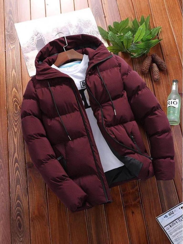 Men's Plus Size Hooded Cotton Jacket - Autumn/Winter Casual Zipper Outerwear, Solid Color, Thick Padded