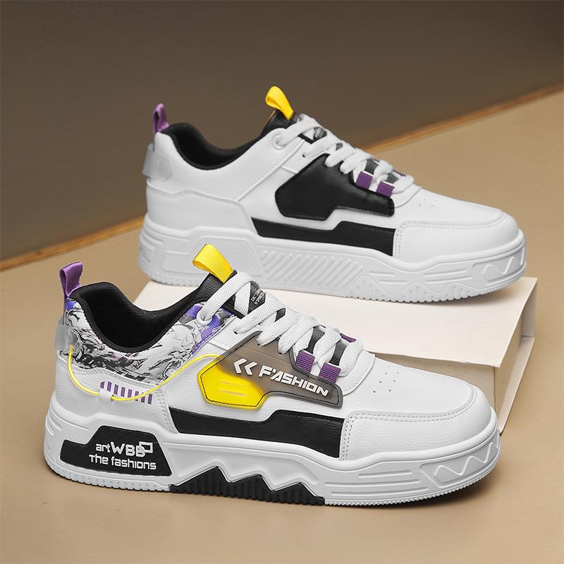 Spring 2024 New Thick-Soled Heightening Leather Surface White Shoes Fashionable Color Matching Breathable And Comfortable Youth Sports Men'S Shoes