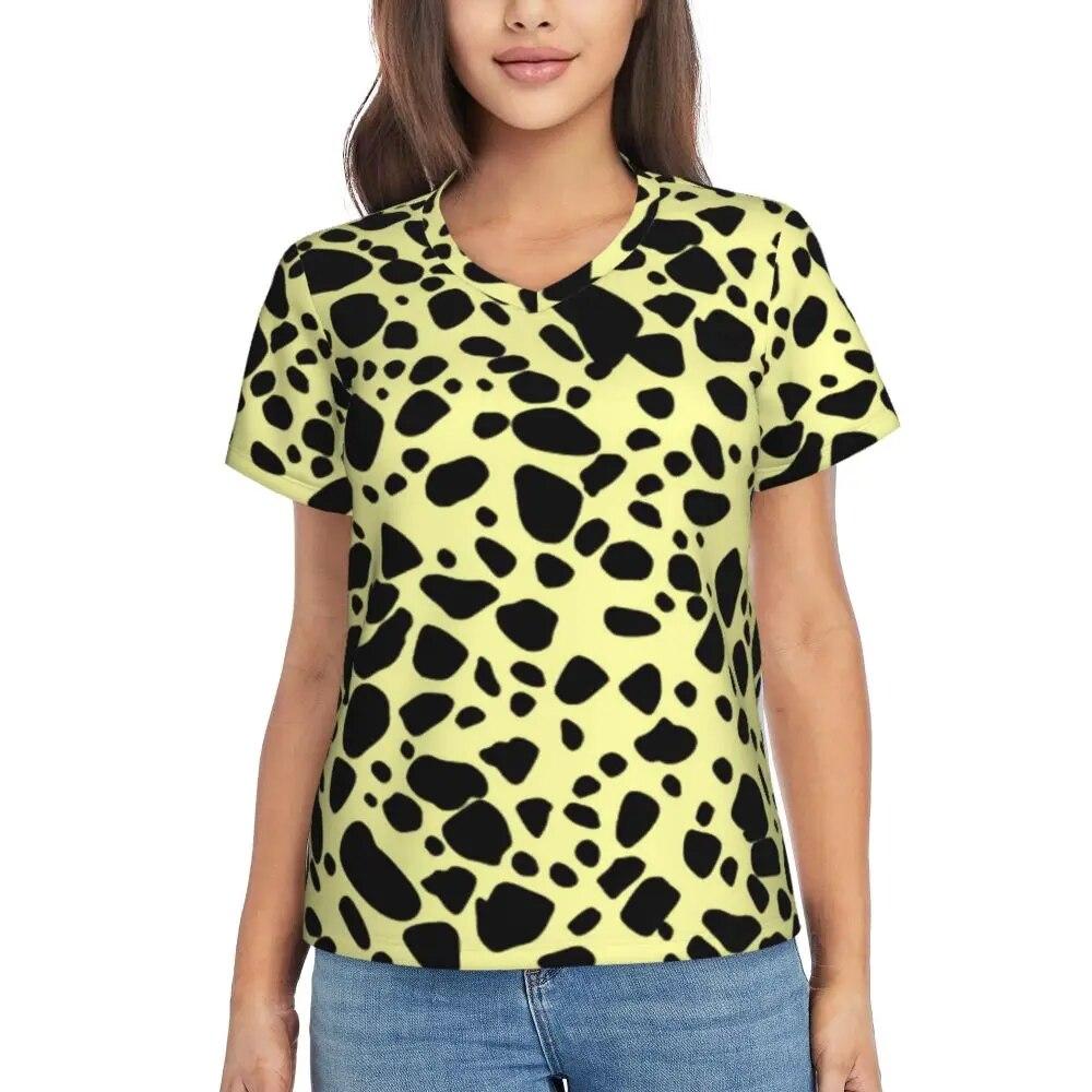 

Футболки з візерунком корови, чорні плями, принт з V-подібним вирізом, повсякденна оверсайз-футболка з короткими рукавами, жіноча естетична футболка, літній дизайн, топи 6XL