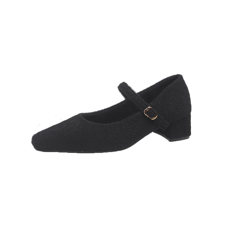 Fashion Women's Thick Heel Cotton Shoes Winter New Square Head Shallow Mouth Suede One Word Buckle Non-slip Low-top Shoes