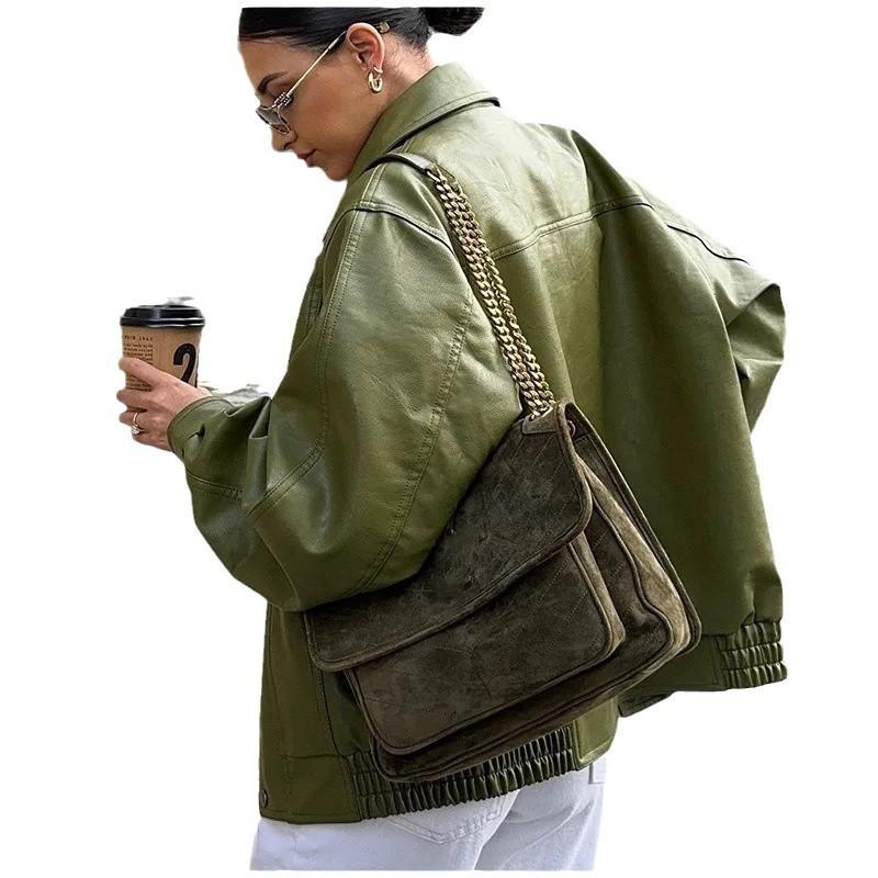 Womens Green Faux Leather Jacket With Turn-Down Collar Loose Fit Street Style Outerwear Fall Winter