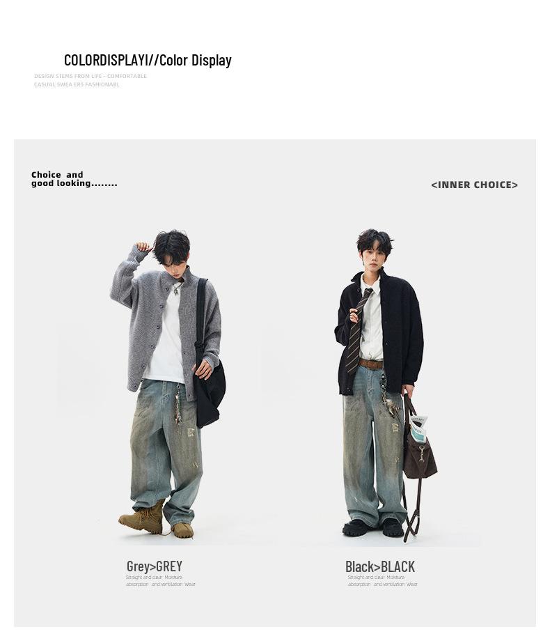 Men's Japanese Retro Solid Turtleneck Cardigan Sweater - Casual Knitwear, Trendy Stand Collar Jacket for Teens