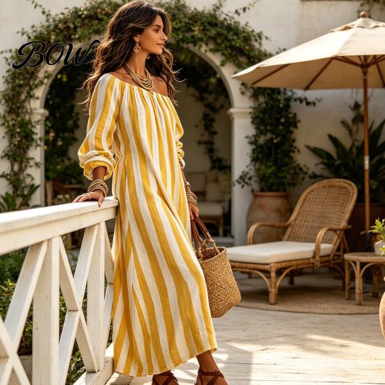 Long Sleeve Dress Summer Women Striped Dress, Off Shoulder Casual Soft Ankle Length Loose Swing with Side Pocket Comfortable Beach