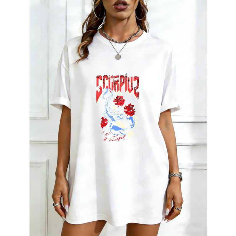Oversized T Shirt Black Scorpion And Roses Graphic Print With Text For Casual Wear