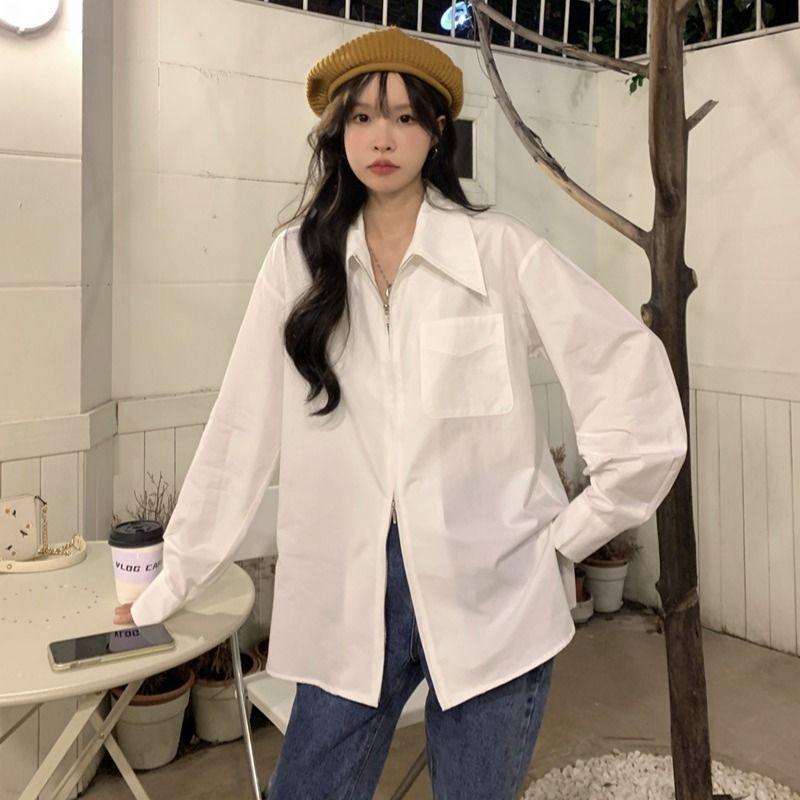 

Zipper Women s Jacket Solid Color Double Opening Chest Pocket Turn Down Collar Long Sleeved Outerwear Korean New Style Spring Loose Female Top XXL