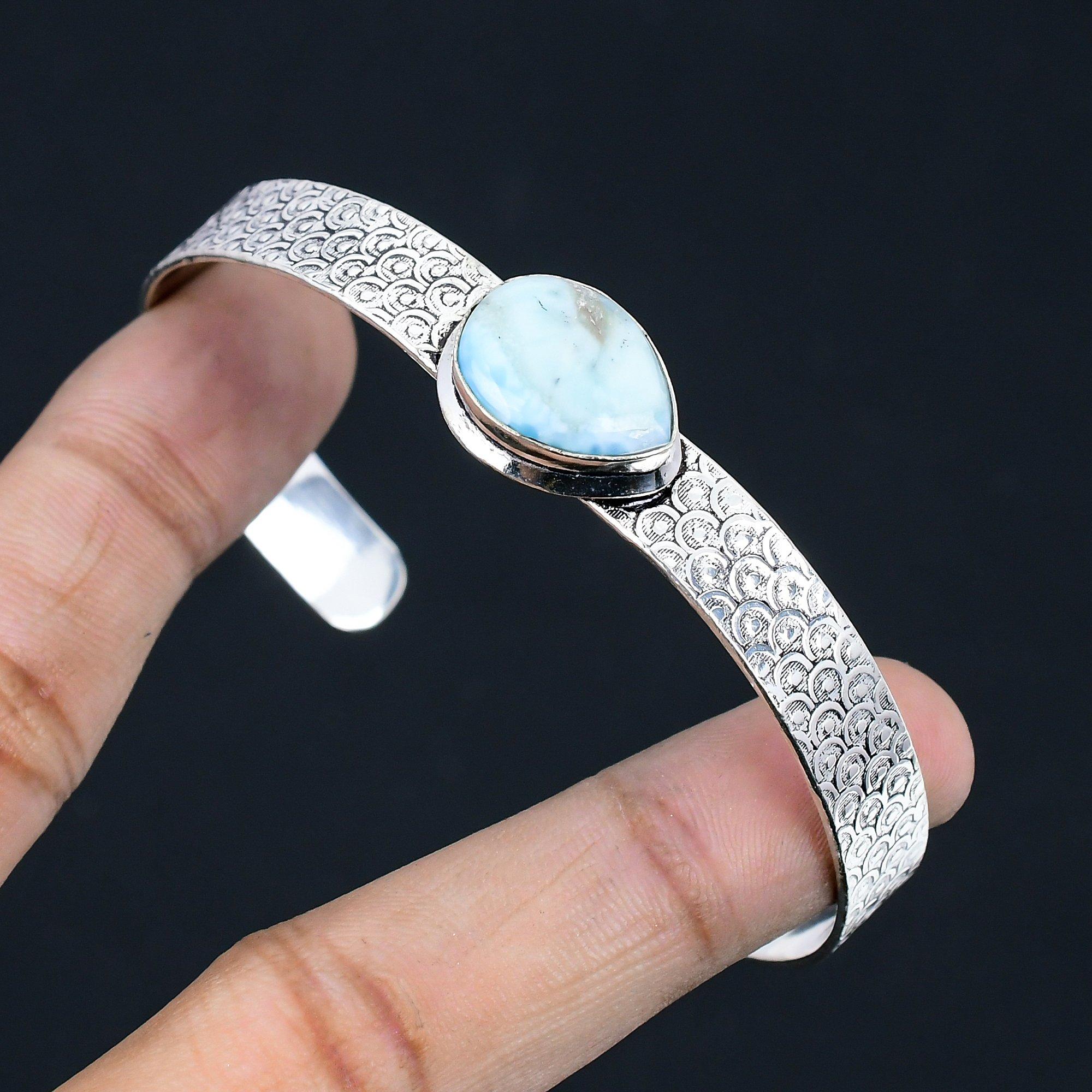 

925 Silver Pear Natural Larimar Wife Throat Chakra Wedding Trendy Bangle Jewelry Adjustable