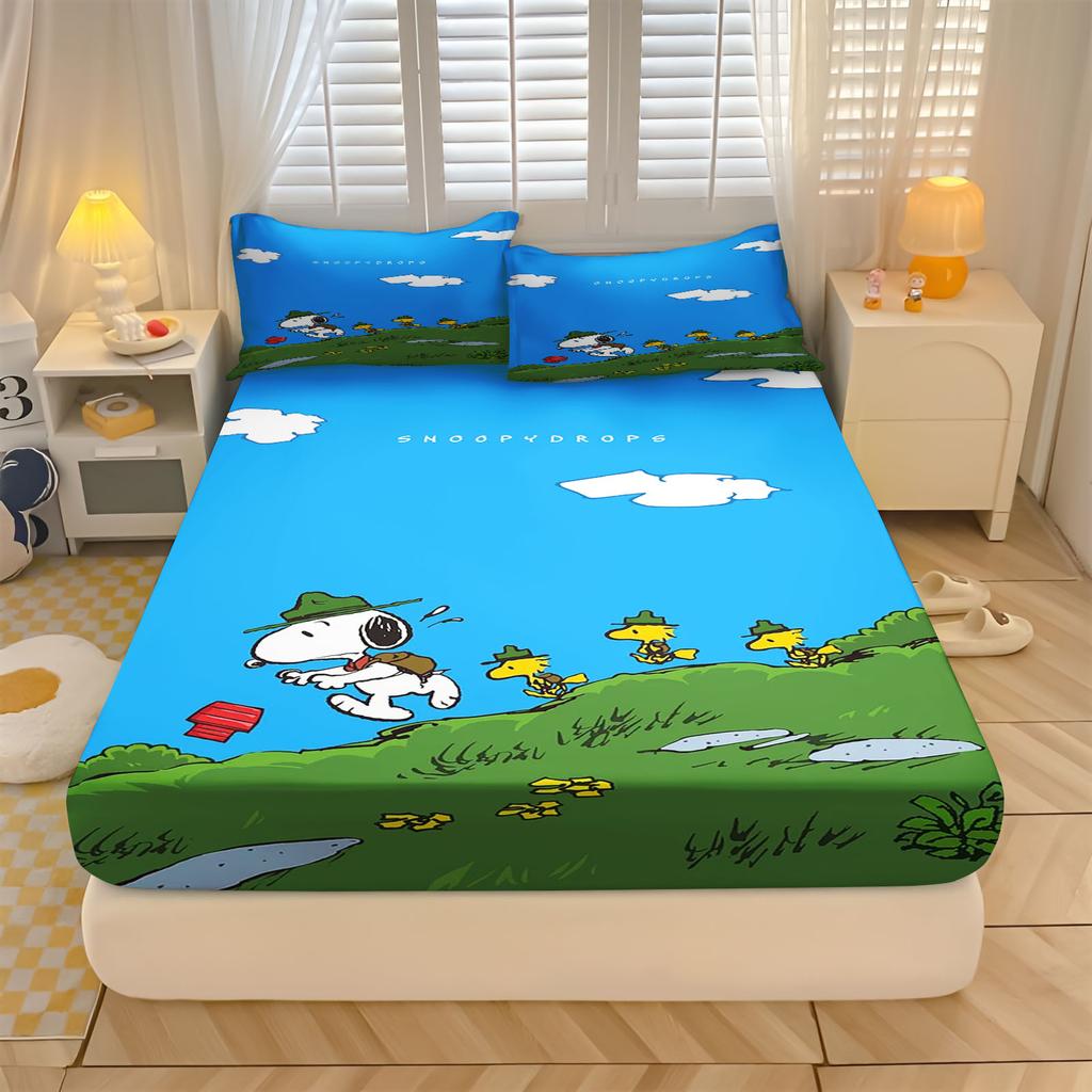 Snoopy  With Pillowcase Fitted Sheet 3D Children'S Bedding Set  Polyester 2/3Pcs Comforte Bed Cover Full Set