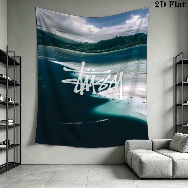 Teal Skull Pattern Tapestry, Vintage Street Brand Text Logo Collage Wall Hanging Aesthetic Decor