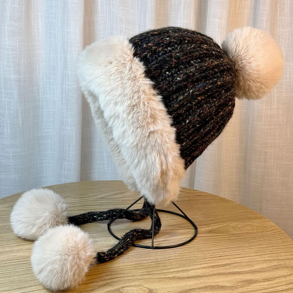 Cute Fur Ball Ear Protection Hat for Women in Autumn and Winter Thickened Knitted Versatile Face Showing Small Woolen Hat Outdoor Warm Lei Feng Hat