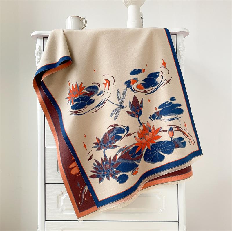 

Cashmere feel scarf women s autumn and winter retro lotus pond warm imitation cashmere scarf thickened double-sided scarf women 190x65cm