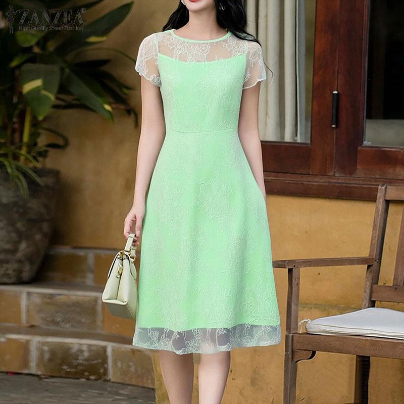ZANZEA Women Casual Round Neck Summer Short Sleeve Lace Dress