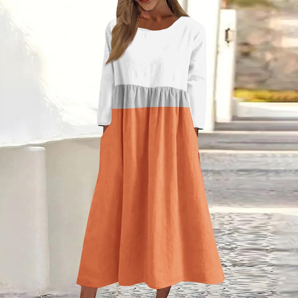 Dámské ležérní midi šaty s kulatým výstřihem a pruhovaným potiskem, s dlouhým rukávem a kapsou