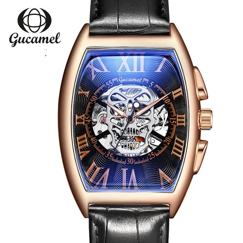 Top brand new wine barrel European and American men's fashion skull hollow automatic mechanical watch men's watch
