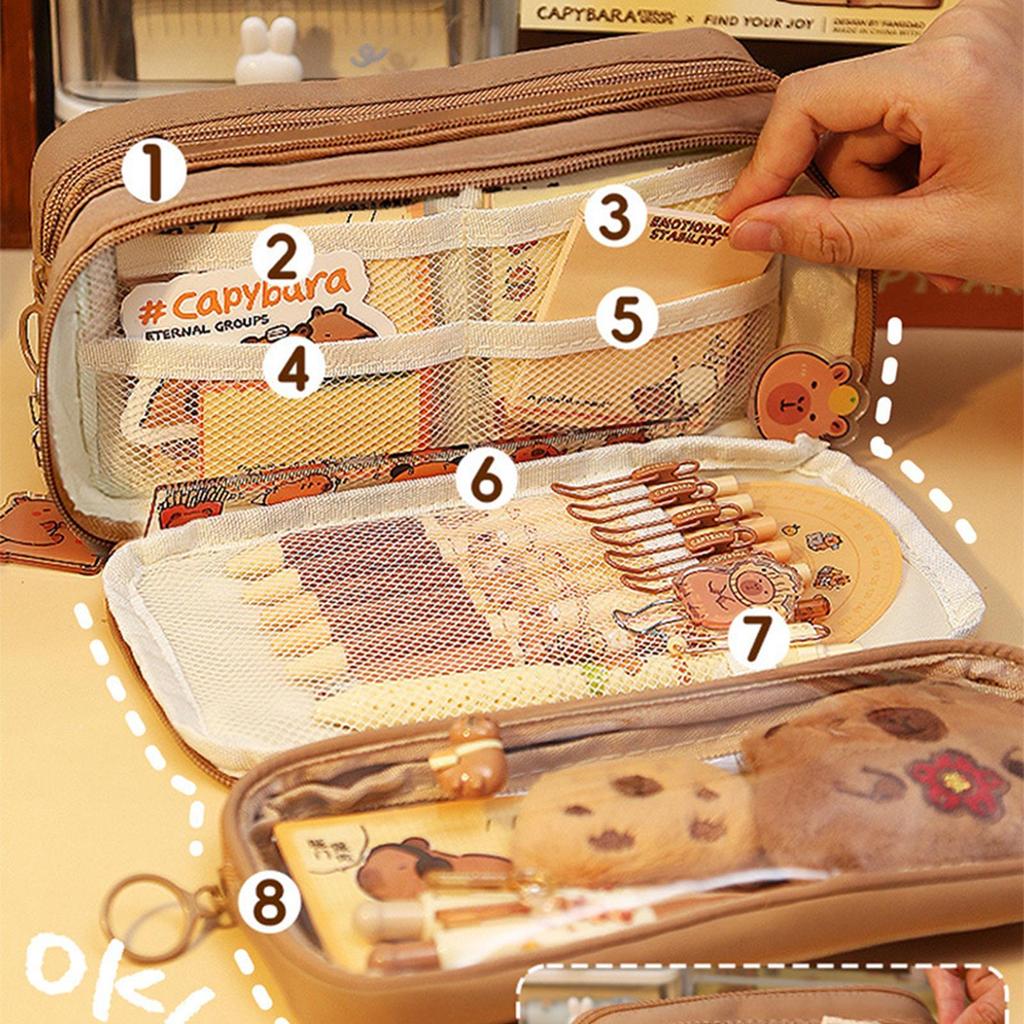 22x13x6cm Capybara Pencil Pouch 10 Compartment Transparent Pencil Pouch Wide Opening Mouth Pencil Pouch With Cute Pins Plush