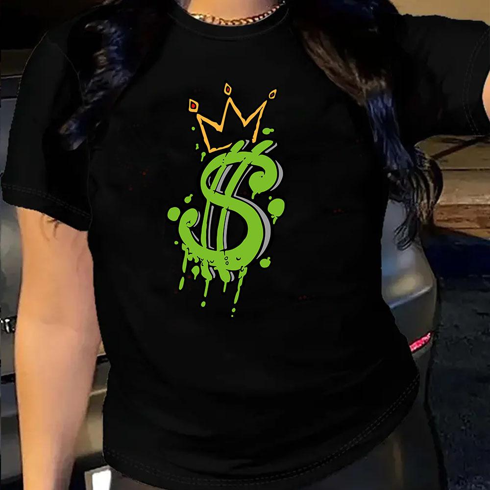 

Summer Round Neck Dollar Sign and Crown Printed Top Fashionable Casual Pure Cotton Short Sleeved Women s T-shirts S чёрный