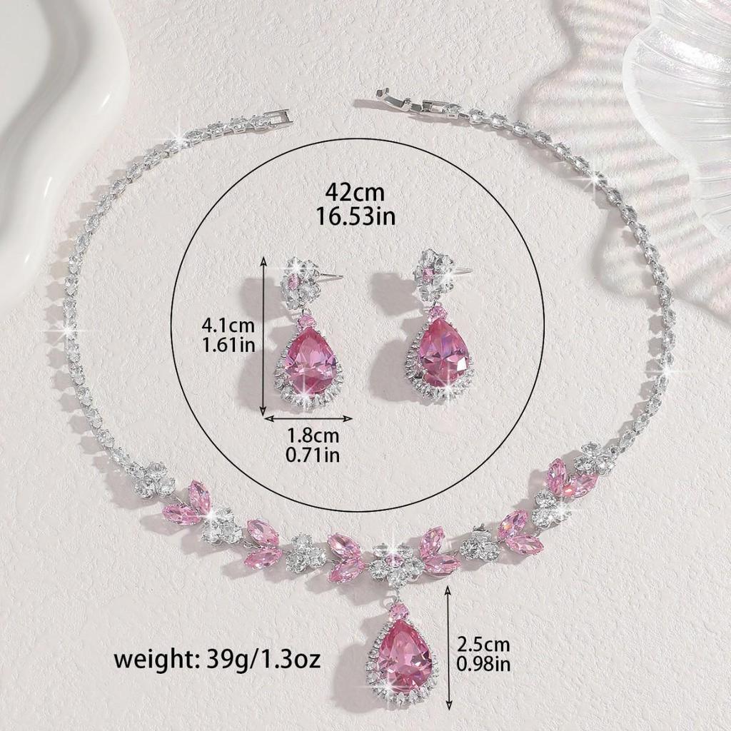 European & American Style Crystal Zirconia Jewelry Set: Wedding Party Necklace & Earrings Evening Gown Accessory