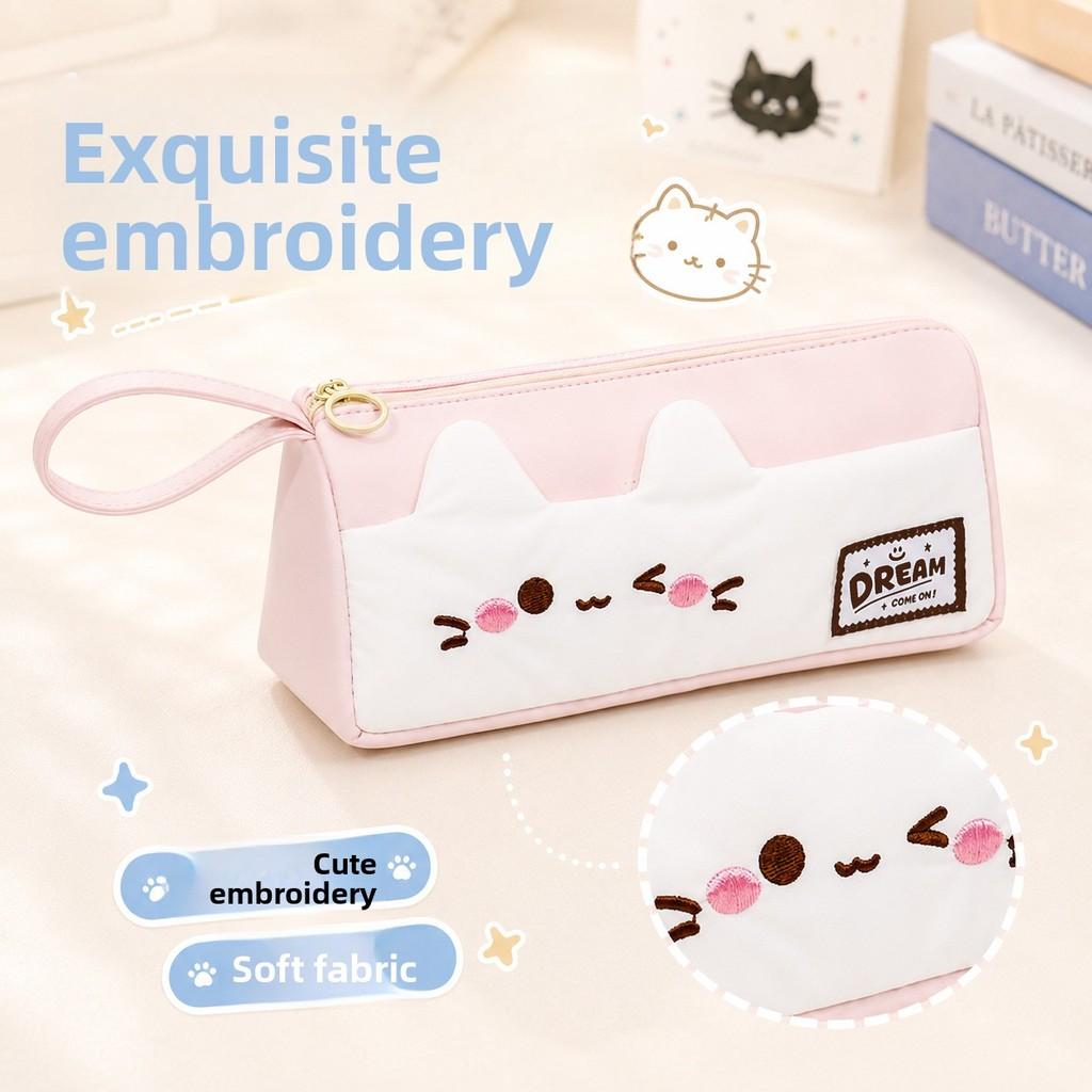 Small Pink Cat Cartoon Pencil Case With Large Capacity For Students And Office Use