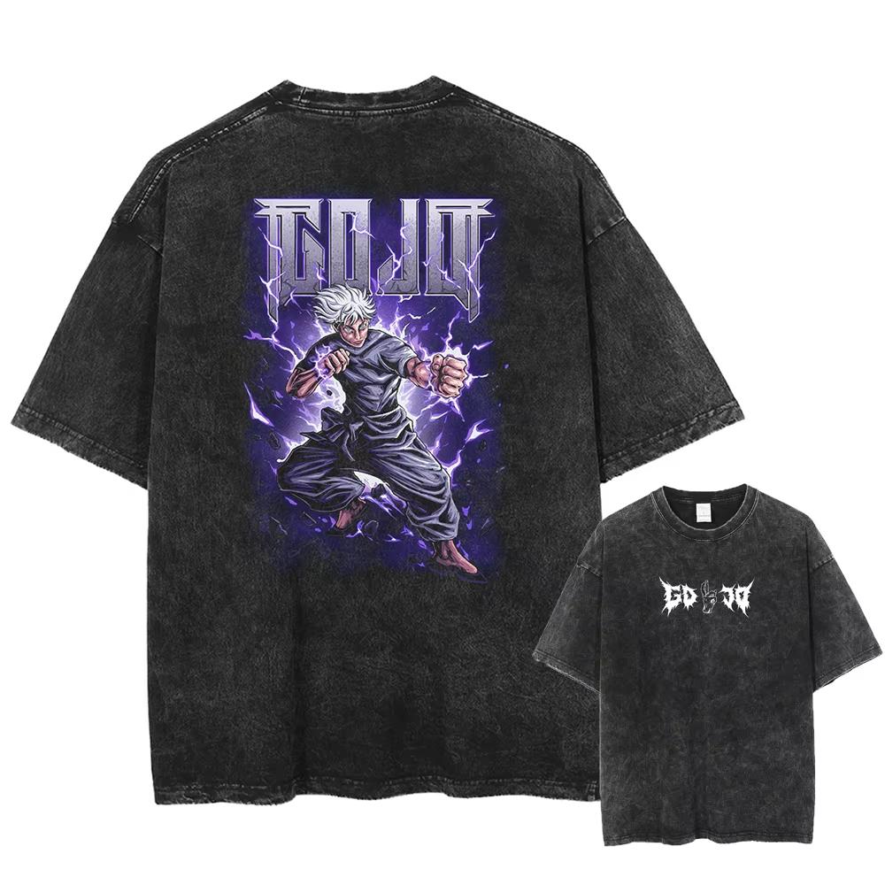 Japan Anime Jujutsu Kaisen Gojo Satoru Print Washed Tshirt Men Pure Cotton Tshirts Manga Casual T Shirt Harajuku Top Streetwear