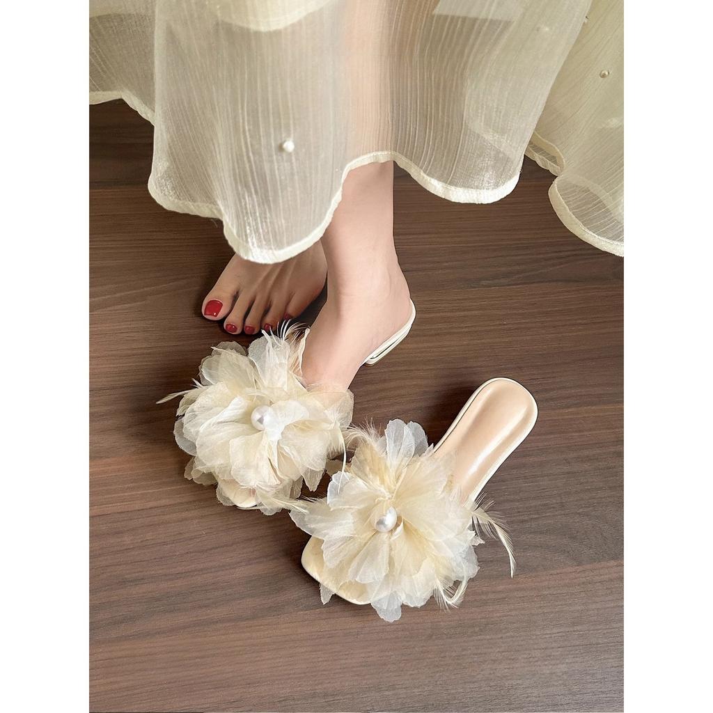 New Chinese style thick heel cool slippers women's outer wear 2025 summer new fashion flower one-word flat slippers